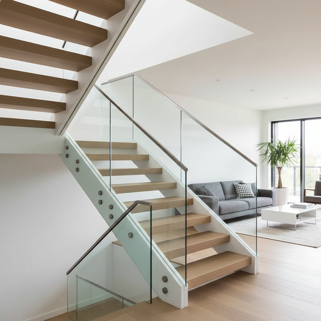A modern staircase with a custom interior glass railing system